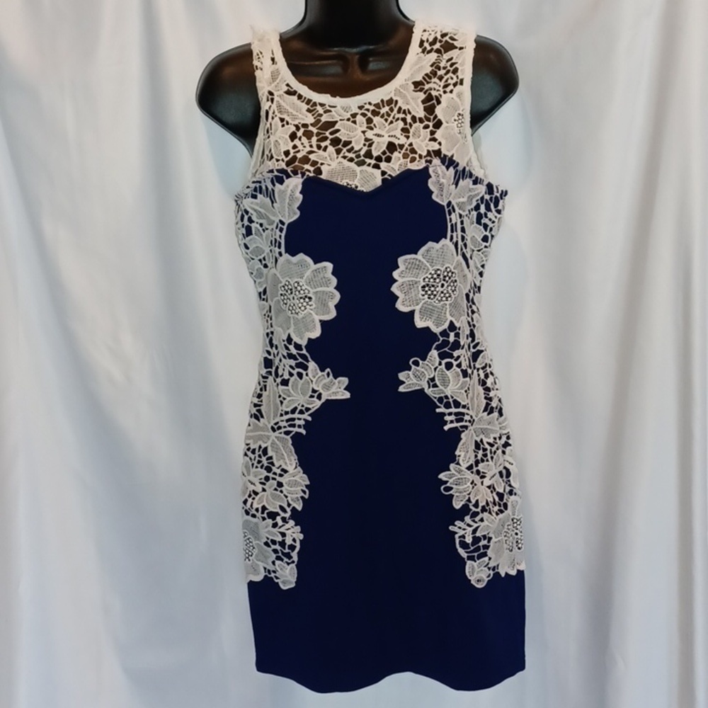 Venus Lace Sleeveless Dress, blue with white lace, subtle pink trim